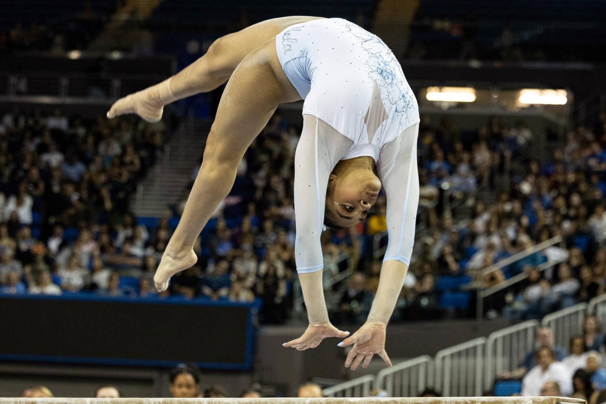UCLA gymnast Tiana Sumanasekera competes on the beam during the Big Fours meet held at Pauley Pavilion on Feb. 27.