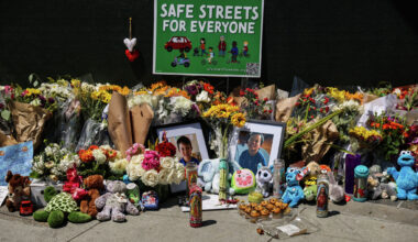 A memorial is seen outside a restaurant in Burlingame where a 4-year-old boy, Ayden Fang, was killed. Fang’s parents have sued the 19-year-old driver who struck Ayden, as well as an 11-year-old e-bike rider who allegedly triggered the chain reaction crash.