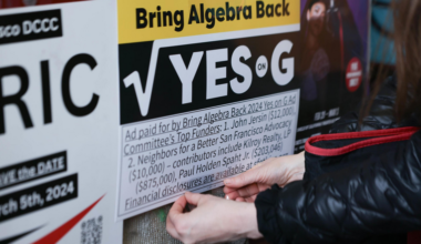 A person is putting up a "Bring Algebra Back YES on G" sign with funding details below it.