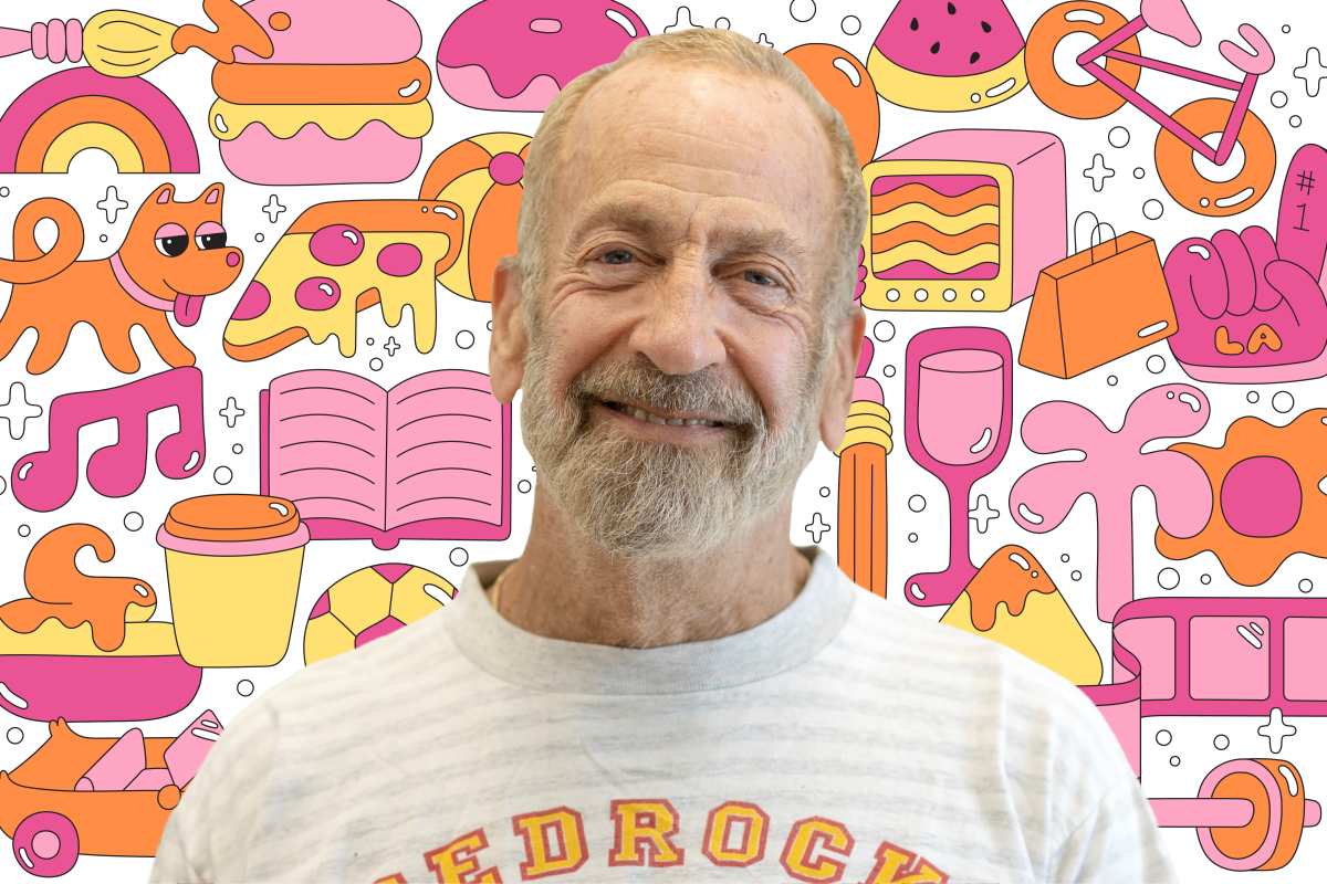 Photo of a person on a background of colorful illustrations like a book, dog, pizza, TV, shopping bag, and more