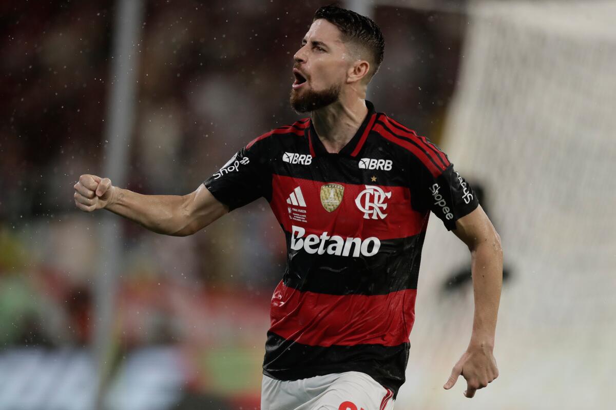 Jorginho of Brazil's Flamengo celebrates after scoring his side's second goal.