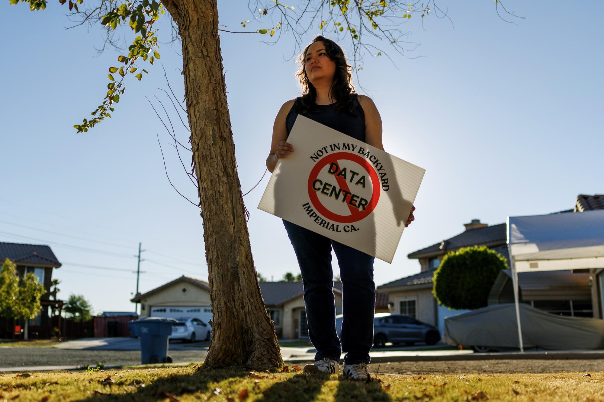 a woman stands with an anti-data center sign in a yard