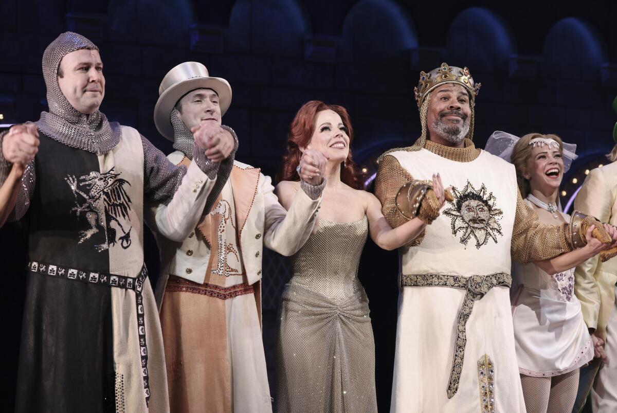 Curtain call during the "Spamalot" Broadway opening night at St. James Theater on Thursday, Nov. 16, 2023, in New York