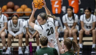 Mitty’s McKenna Woliczko (20) looks to make a pass as she was double-teamed by San Ramon Valley-Danville guards Presley Uchikura (3) and Hania Bowes (10) during a game on March 7. Woliczko, one of the top basketball recruits, will play at Iowa next season. 