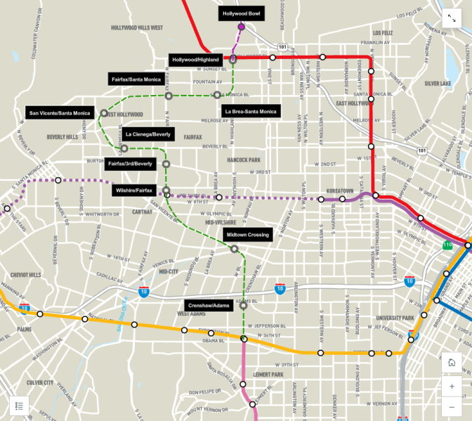 A screenshot of a map showing train routes in different colors. The route recommended for an extension of the K Line is shown as a green dotted line. The route goes through Mid City, turns west to West Hollywood and then north again with a terminus at the Hollywood Bowl. The screenshot of the map shows that the train will intersect with the D and B Lines. 