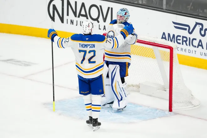 Mar 17, 2026; Las Vegas, Nevada, USA; Buffalo Sabres goaltender Ukko-Pekka Luukkonen (1) celebrates with center Tage Thompson (72) after the Sabres defeated the Vegas Golden Knights 2-0 at T-Mobile Arena.