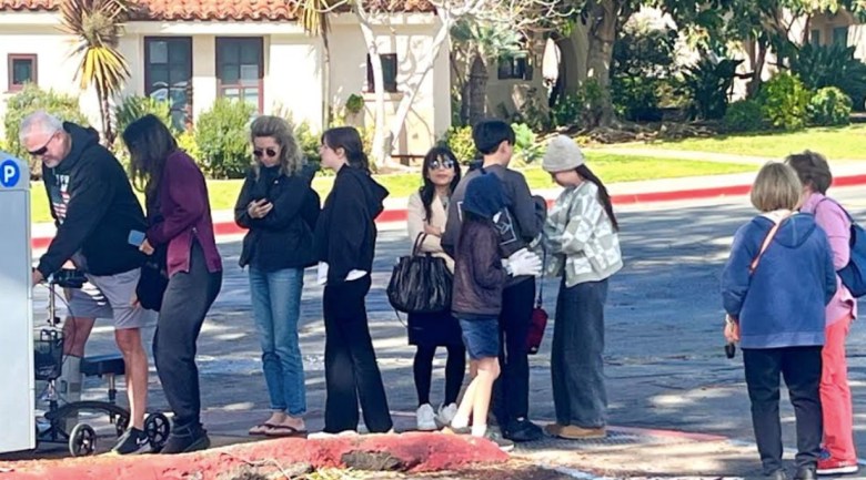 A line of people queue up behind a machine in a grassy area surrounded by a lot.