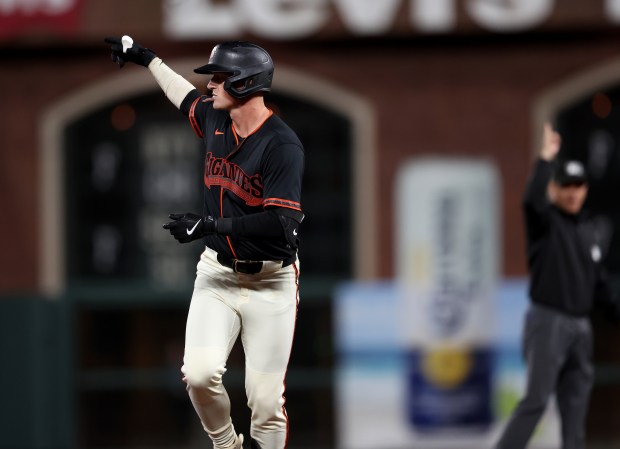 San Francisco Giants' Tyler Fitzgerald #49 celebrates his two-run home run in the eighth inning of their MLB game against the Sultanes de Monterrey at Oracle Park in San Francisco, Calif., on Monday, March 23, 2026. (Jane Tyska/Bay Area News Group)