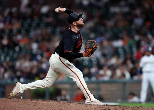 San Francisco Giants pitcher Matt Gage #93 throws against the Sultanes de Monterrey in the seventh inning of their MLB game at Oracle Park in San Francisco, Calif., on Monday, March 23, 2026. (Jane Tyska/Bay Area News Group)