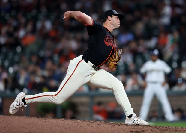 San Francisco Giants pitcher Carson Seymour #77 throws against the Sultanes de Monterrey in the sixth inning of their MLB game at Oracle Park in San Francisco, Calif., on Monday, March 23, 2026. (Jane Tyska/Bay Area News Group)