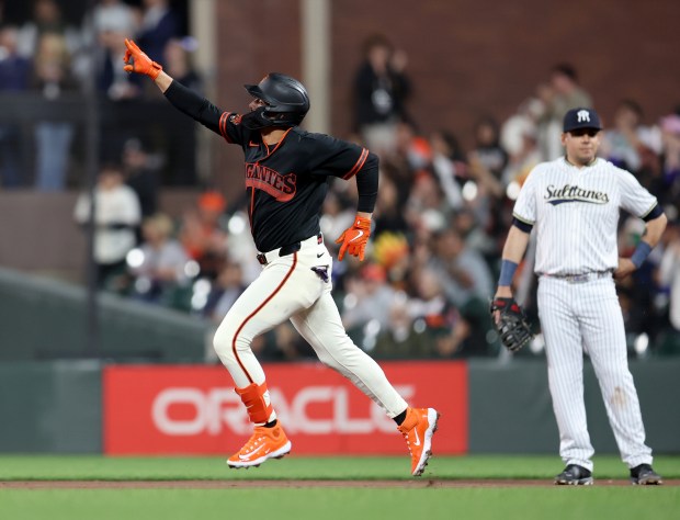 San Francisco Giants' Willy Adames #2 celebrates his home run in the sixth inning of their MLB game against the Sultanes de Monterrey at Oracle Park in San Francisco, Calif., on Monday, March 23, 2026. (Jane Tyska/Bay Area News Group)