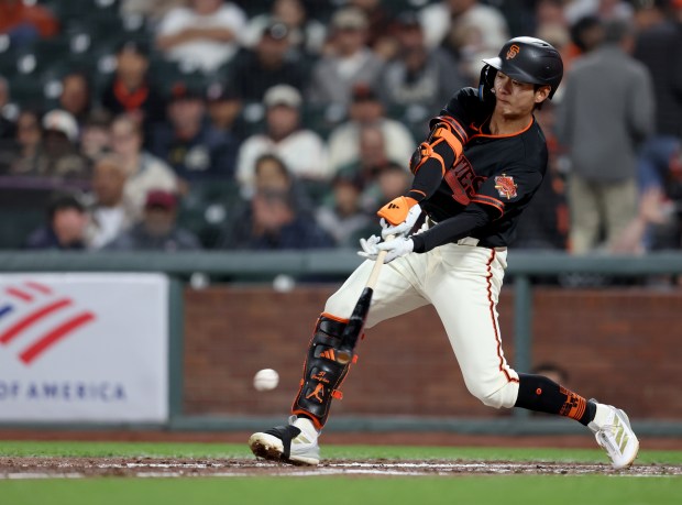 San Francisco Giants' Jung Hoo Lee #51 fouls off a pitch in the sixth inning of their MLB game against the Sultanes de Monterrey at Oracle Park in San Francisco, Calif., on Monday, March 23, 2026. (Jane Tyska/Bay Area News Group)