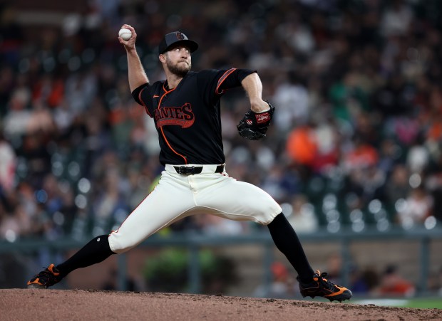 San Francisco Giants pitcher Caleb Kilian #45 throws against the Sultanes de Monterrey in the sixth inning of their MLB game at Oracle Park in San Francisco, Calif., on Monday, March 23, 2026. (Jane Tyska/Bay Area News Group)