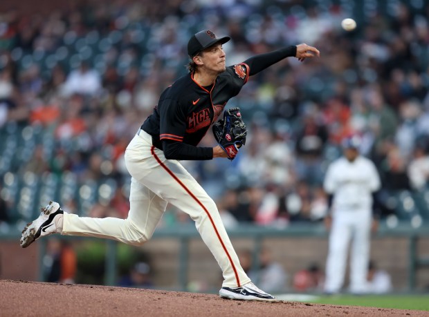 San Francisco Giants' Ryan Borucki throws against the Sultanes de Monterrey in the second inning of their MLB game at Oracle Park in San Francisco, Calif., on Monday, March 23, 2026. (Jane Tyska/Bay Area News Group)