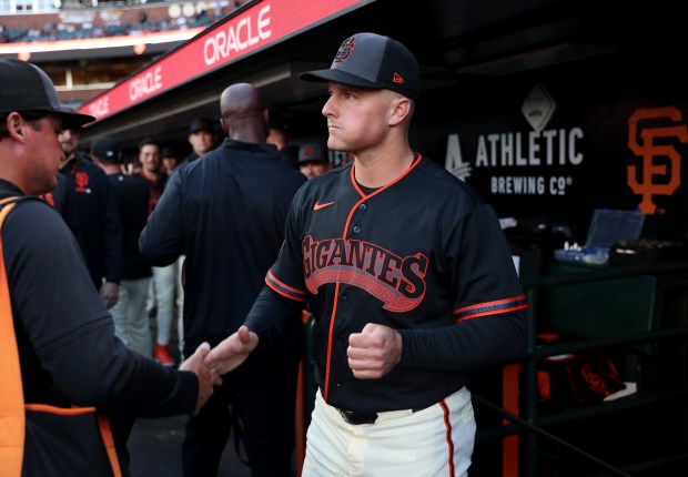 San Francisco Giants' Matt Chapman #26 is greeted before their MLB game against the Sultanes de Monterrey at Oracle Park in San Francisco, Calif., on Monday, March 23, 2026. (Jane Tyska/Bay Area News Group)