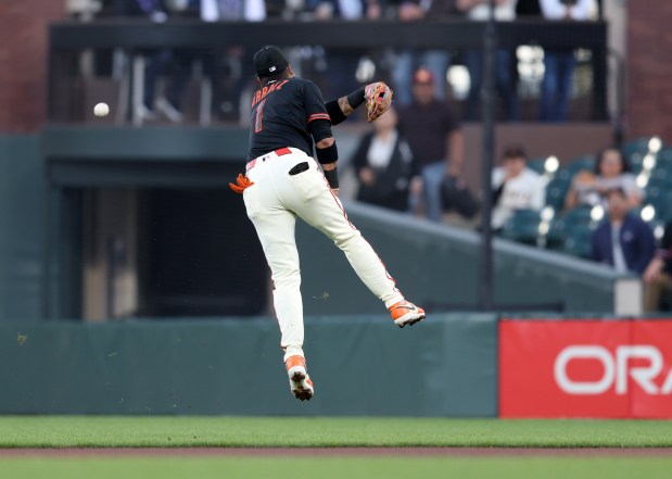 San Francisco Giants second baseman Luis Arraez #1 can't get to a single in the first inning of their MLB game against the Sultanes de Monterrey at Oracle Park in San Francisco, Calif., on Monday, March 23, 2026. (Jane Tyska/Bay Area News Group)