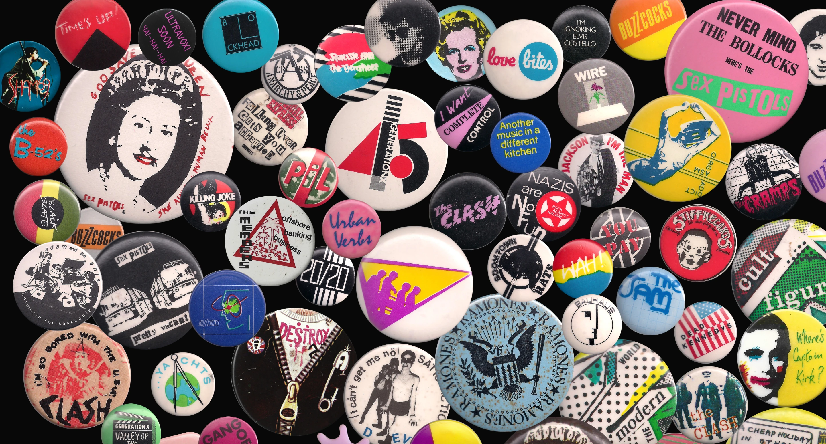 Assorted punk music pins.