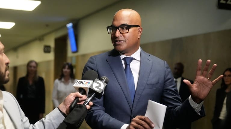 San Francisco Public Defender Mano Raju speaks outside of a...