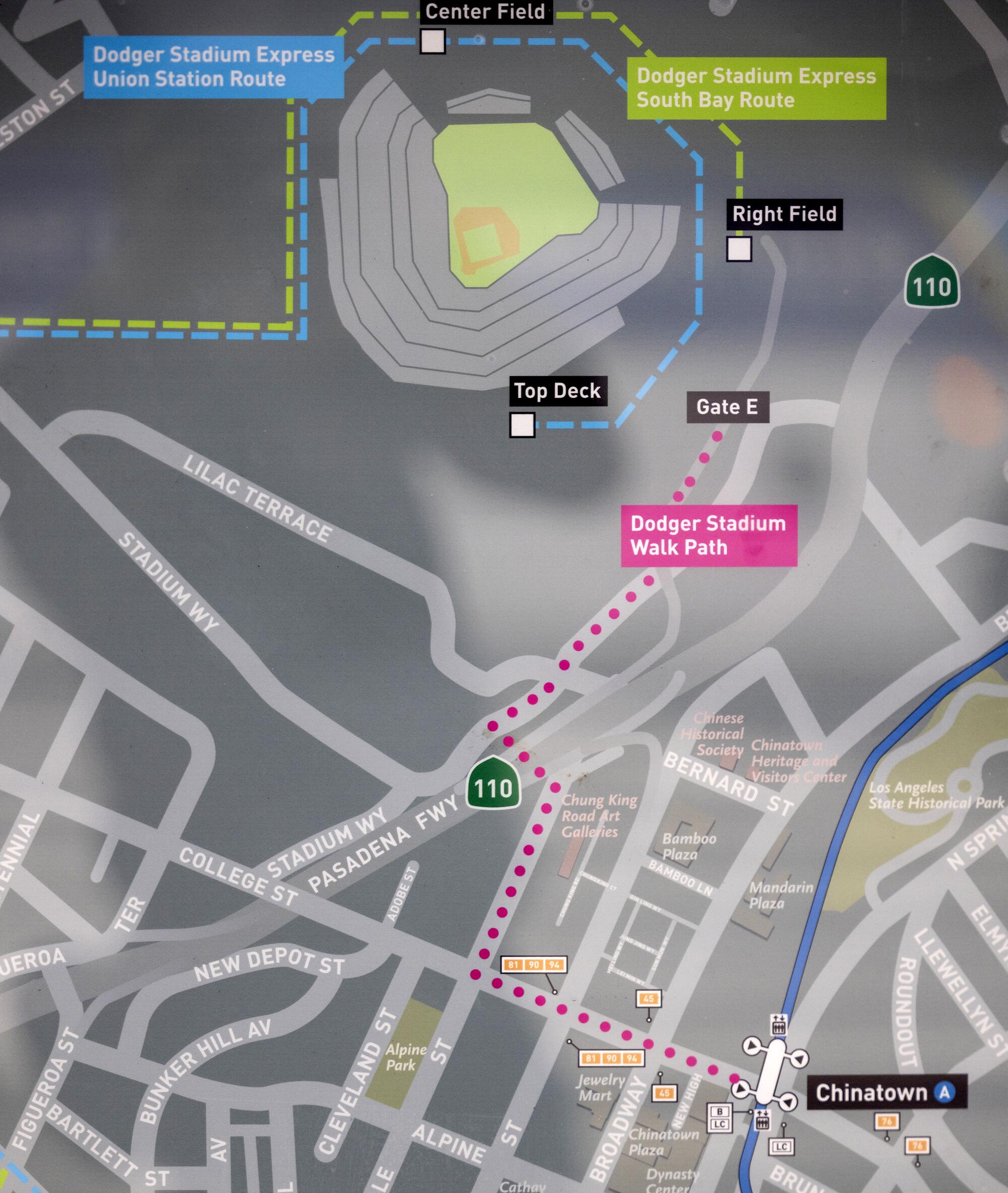 A map indicating the pedestrian path toward Dodger Stadium from the Chinatown Metro station.