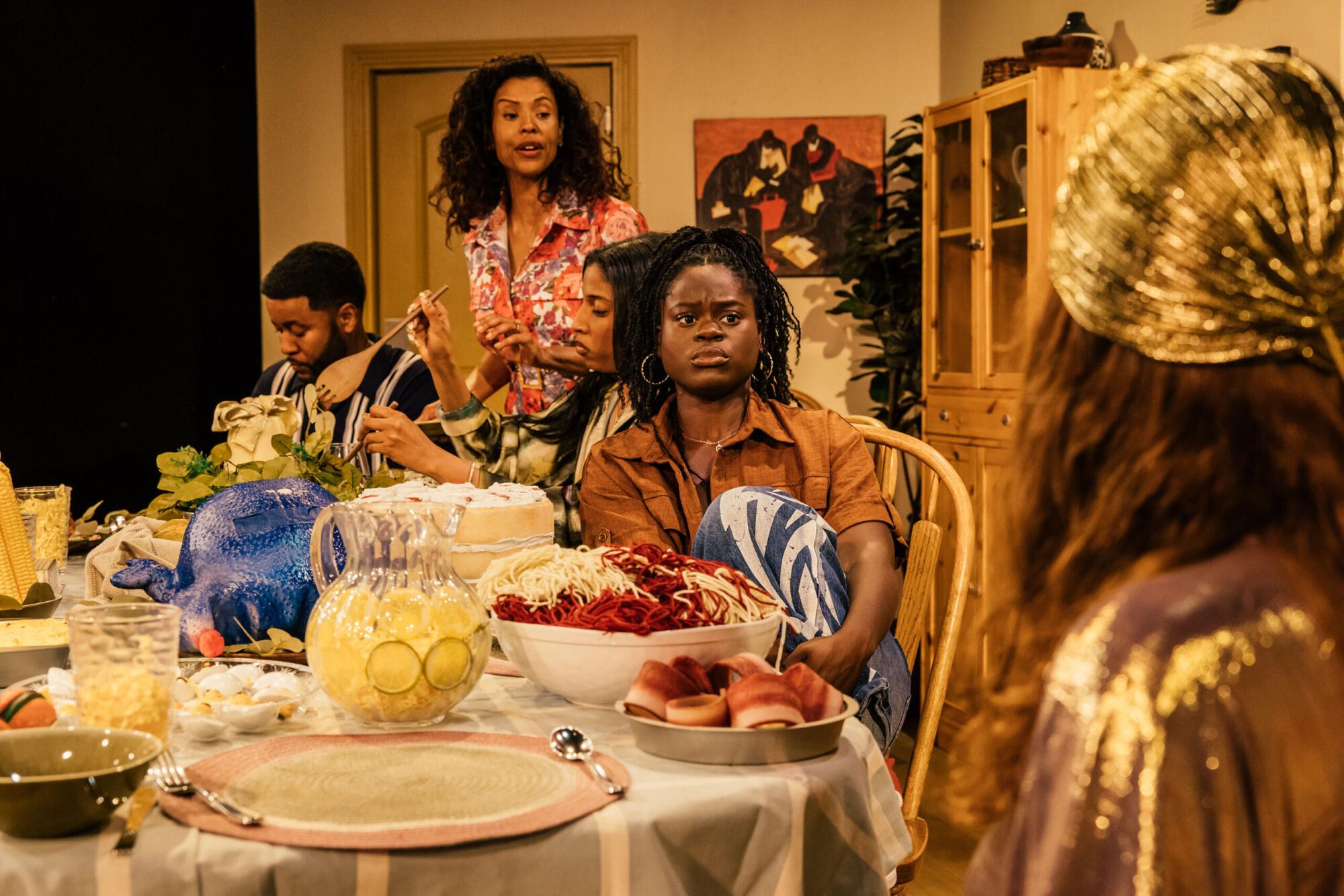 Marco Martinez, from left, Marie-Françoise Theodore, Jasmine Ashanti and iesha m. daniels in "Fairview" at Rogue Machine.