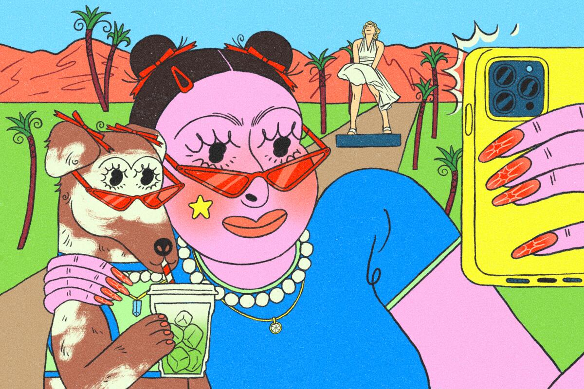 An illustration of a woman and her dog taking a selfie