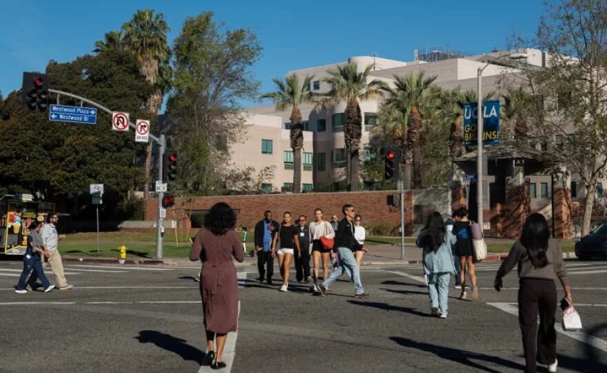 Pedestrians and cars pass through Le Conte Avenue, a major road near the Ronald Reagan UCLA Medical Center, on March 17, 2026.