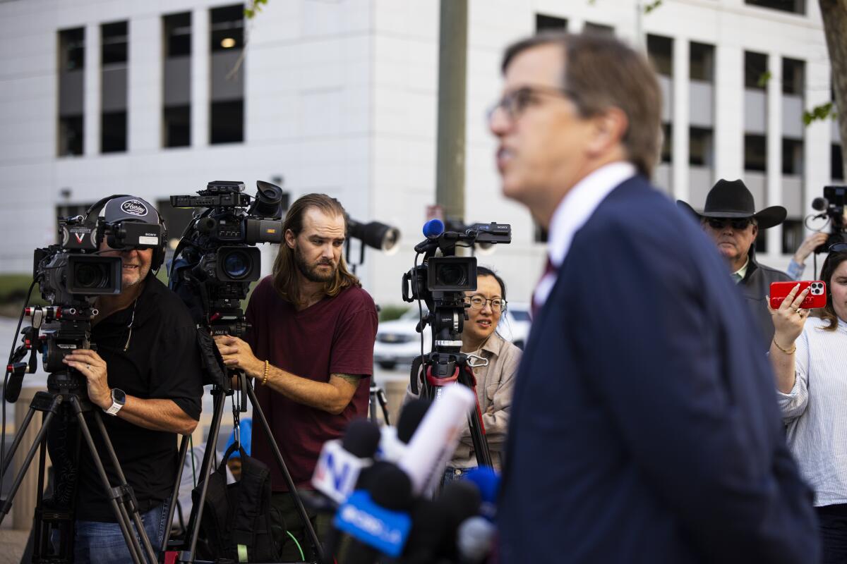 Plaintiffs' attorney Mark Lanier speaks with the media at the Los Angeles Superior Court on Tuesday.