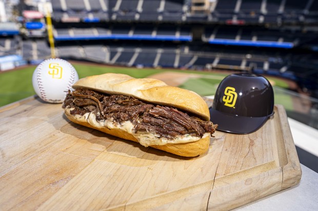 The Shortstop, a braised short rib sandwich, is one of the new food items that offered at Petco Park for the San Diego Padres' 2026 season. (Armond Feffer / San Diego Padres)