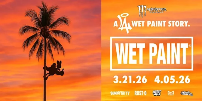 An orange poster with the shadow of a palm tree and a gorilla and bunny climbing it, with text to the right reading "Wet Paint." 