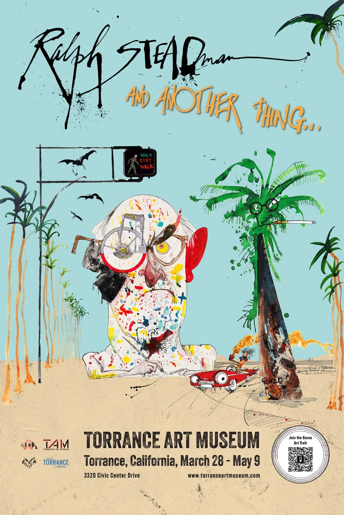 An illustrated poster featuring a large head and palm trees, with a red convertible driving down the road. 