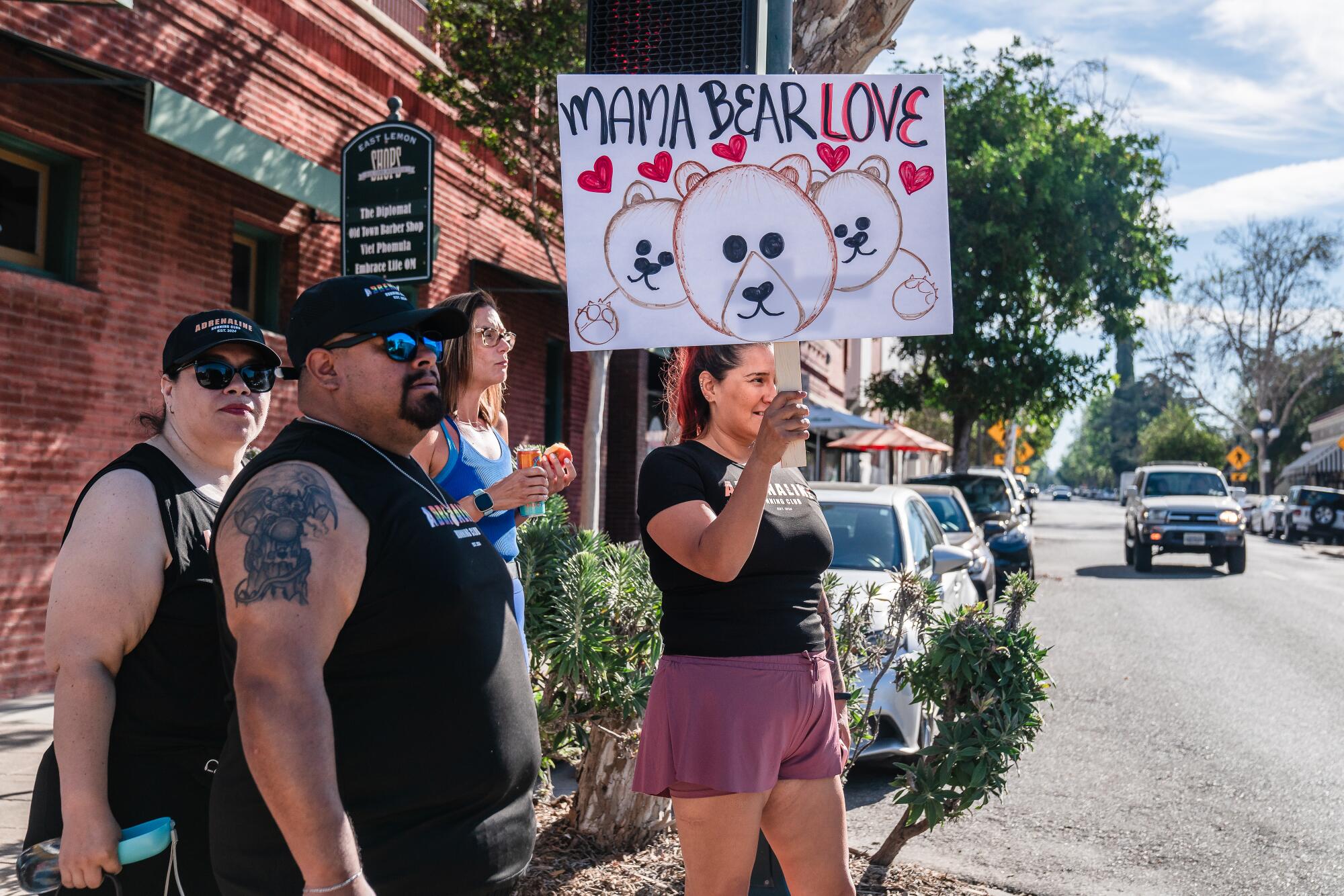 People stand in a street corner. A woman carries a sign that says "Mama Bear Love."