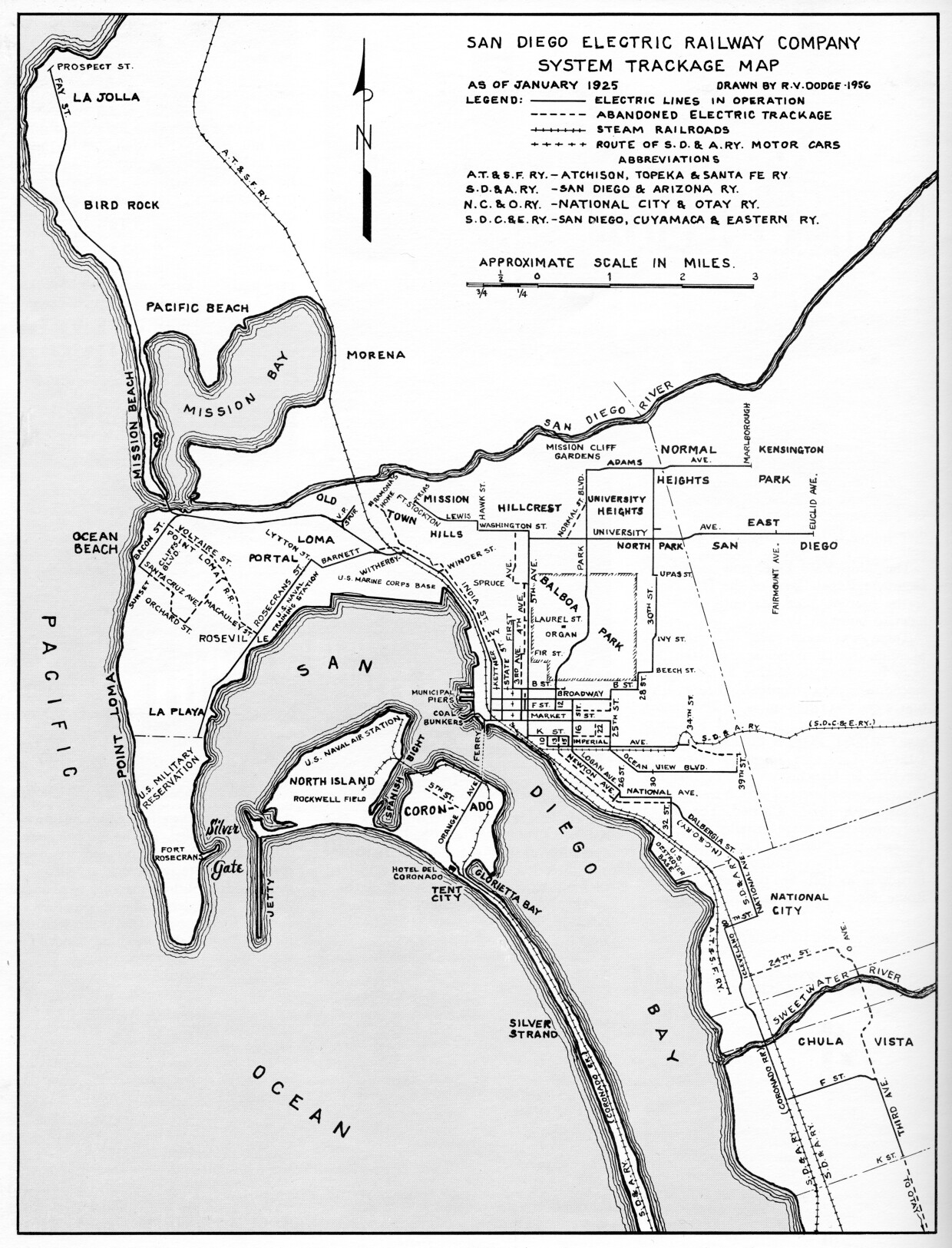 A map shows the San Diego Electric Railway Company's streetcar network in January 1925.