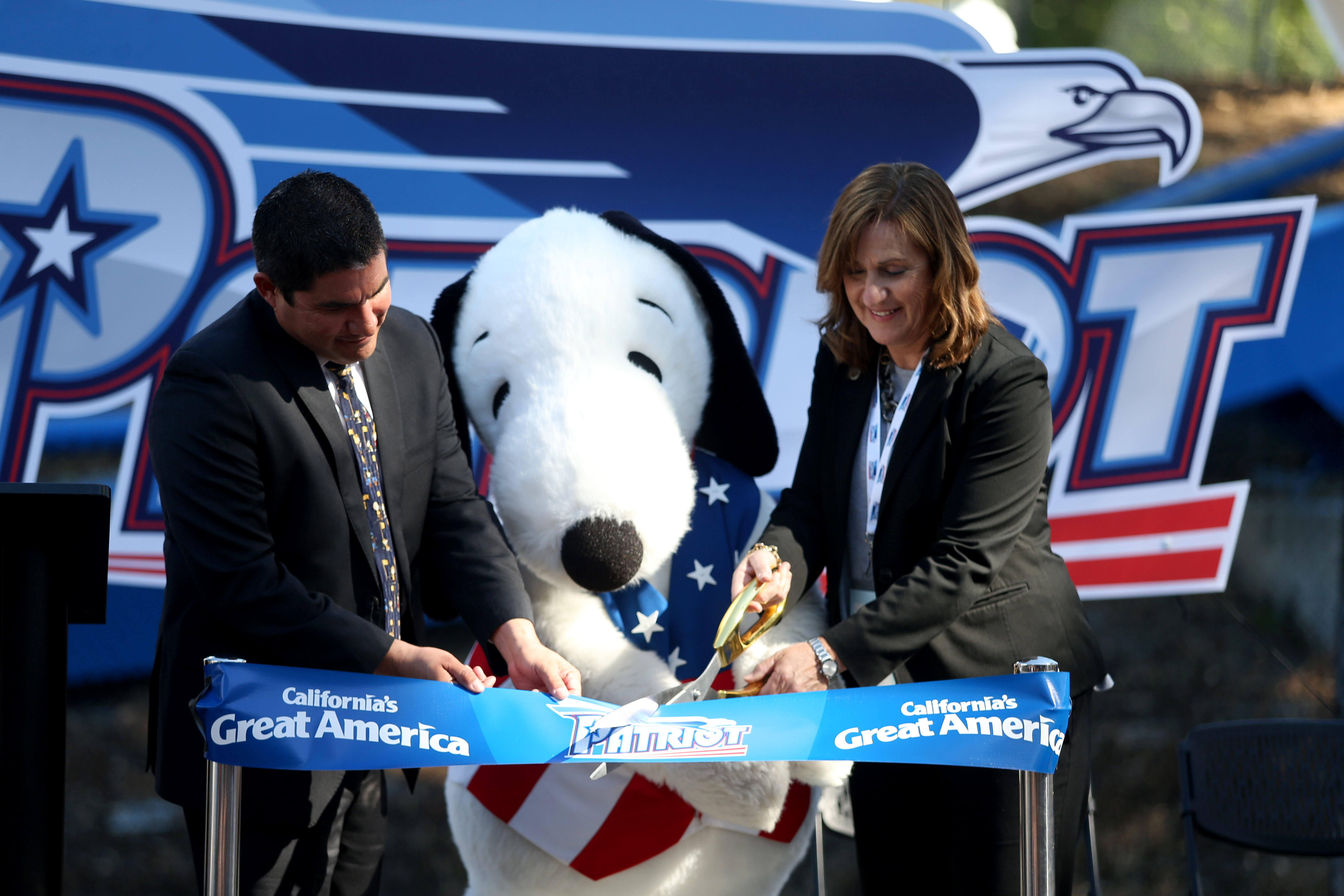 California’s Great America VP and General Manager Raul Rehnborg, Snoopy...