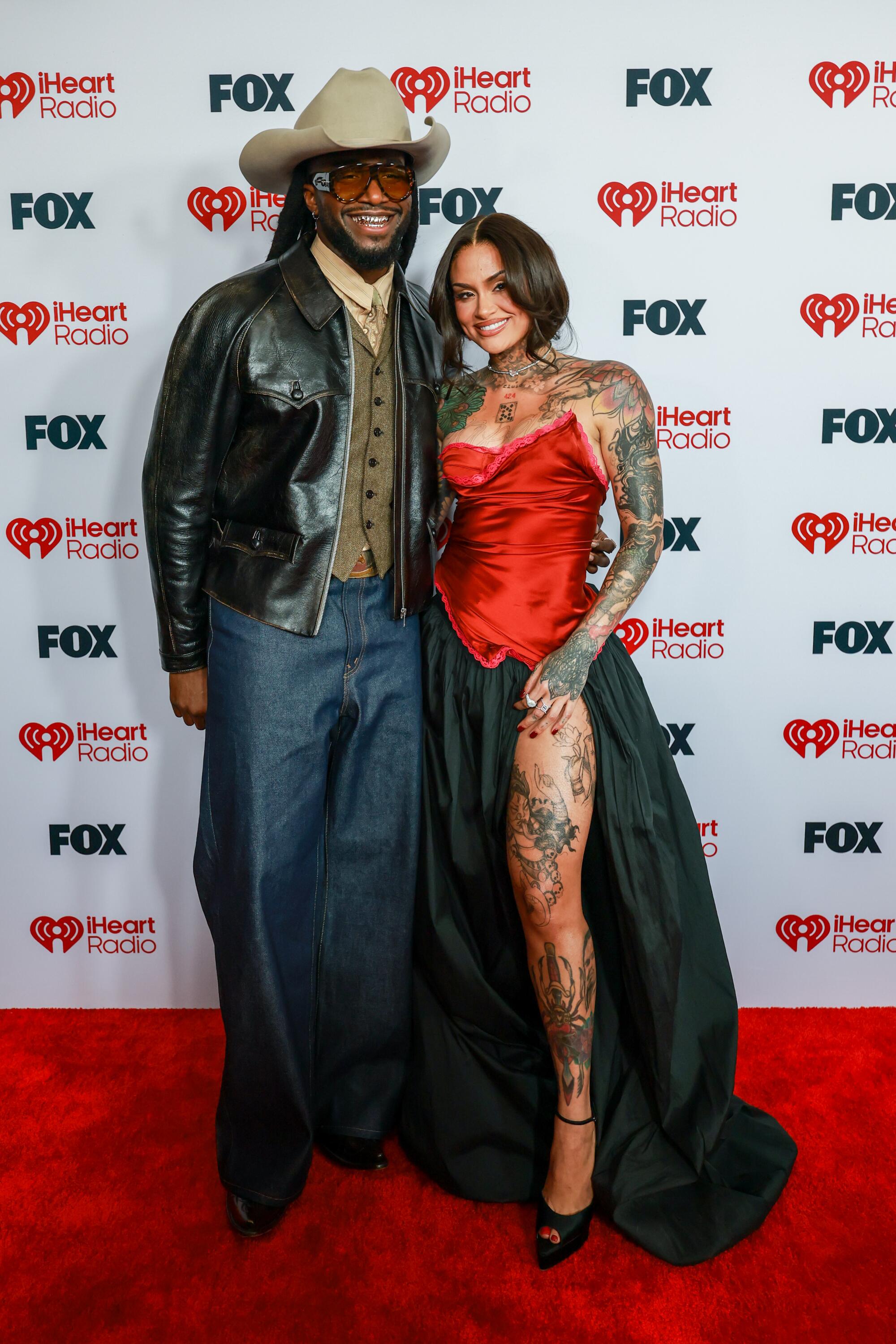 Shaboozey and Kehlani on the red carpet for the iHeartRadio Music Awards at the Dolby Theatre in Hollywood.