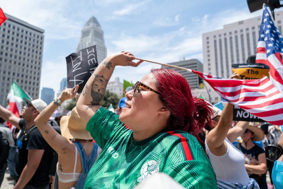 Protesters confront U.S. Marines and National Guardsman outside a federal building during an anti-Trump "No Kings Day" demonstration on June 14, 2025 in Los Angeles, California.