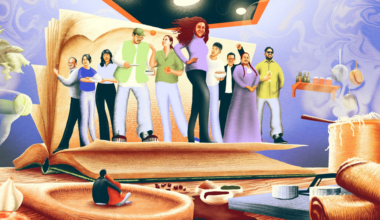 A diverse group of people stands on giant open books surrounded by oversized food items like noodles, rolls, and chocolate sauce.