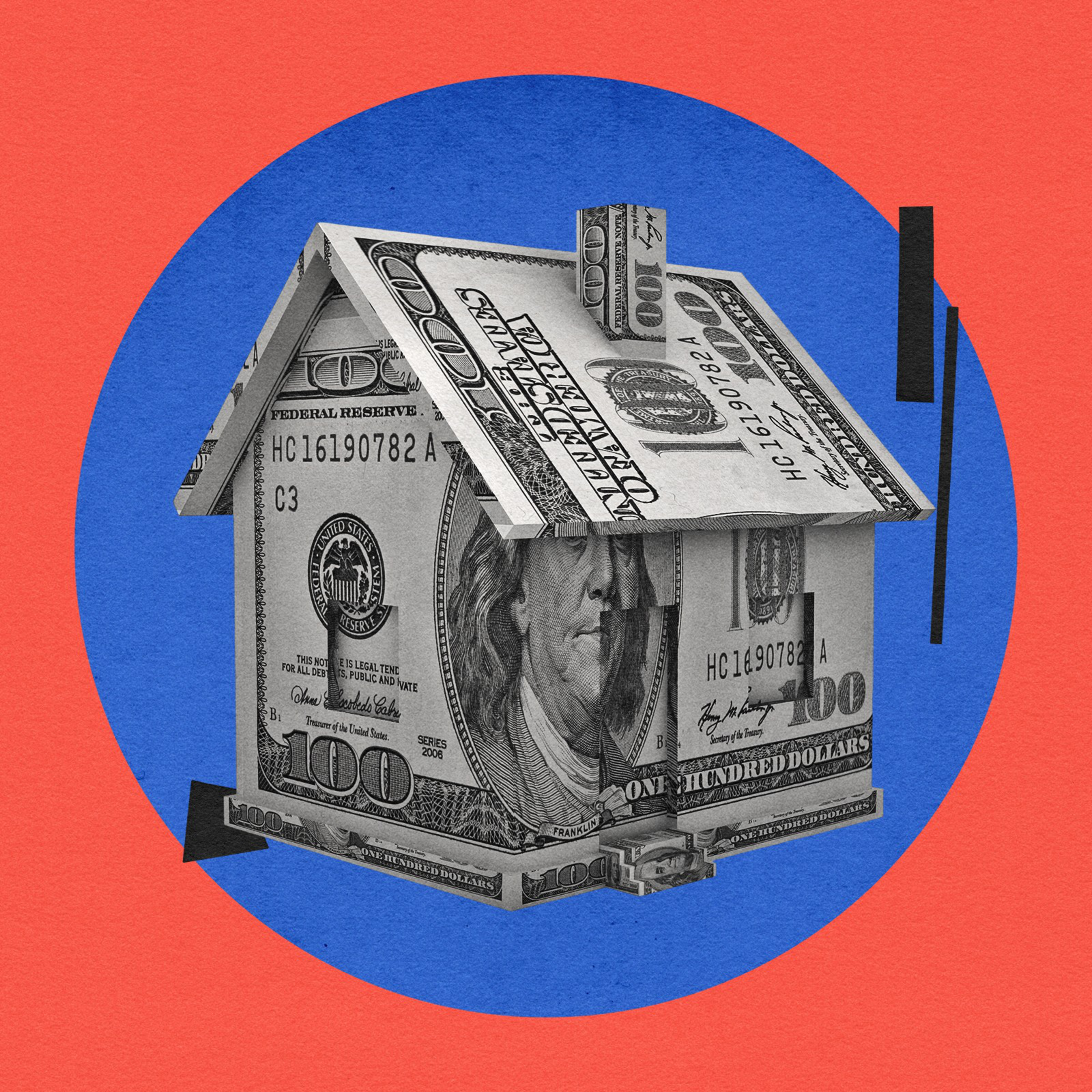 A small house made entirely of folded $100 bills sits centered on a blue circle with an orange background.