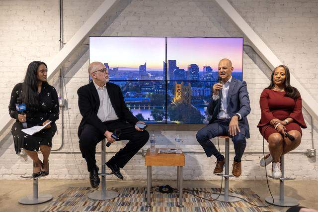 Sacramento Mayor Kevin McCarty answers a question during The Sacramento Bee’s Q&A event with City Manager Maraskeshia Smith, opinion editor Marcos Breton, and City Hall reporter Ishani Desai in the newsroom on Thursday.