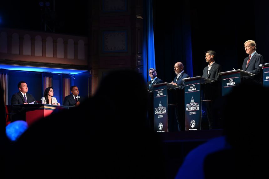 Xavier Becerra, Steve Hilton, Matt Mahan and Tom Steyer participate in a California gubernatorial candidate in San Fracisco, in February.