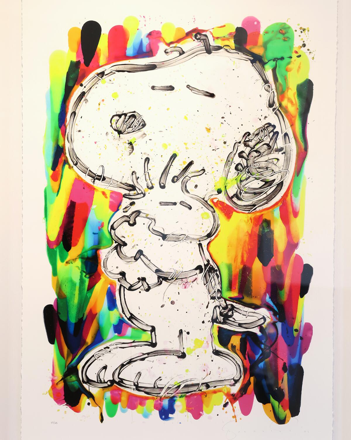 Tom Everhart's "Hero," showing Snoopy hugging Woodstock, on display at the Muckenthaler Cultural Center in Fullerton.