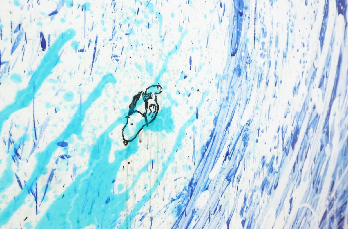 A detail of Tom Everhart's "Jean's Wake," which feature Snoopy bodysurfing in Fullerton.