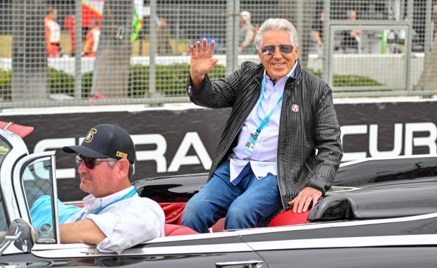 Mario Andretti waves to the crowd during 50th Anniversary Parade at the Grand Prix of Long Beach in Long Beach, CA, on Sunday, April 13, 2025. (Photo by Jeff Gritchen, Orange County Register/SCNG)