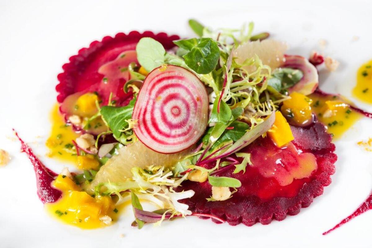 A spring-forward dish of scarlet beet "ravioli" at Selanne Steak Tavern in Laguna Beach.