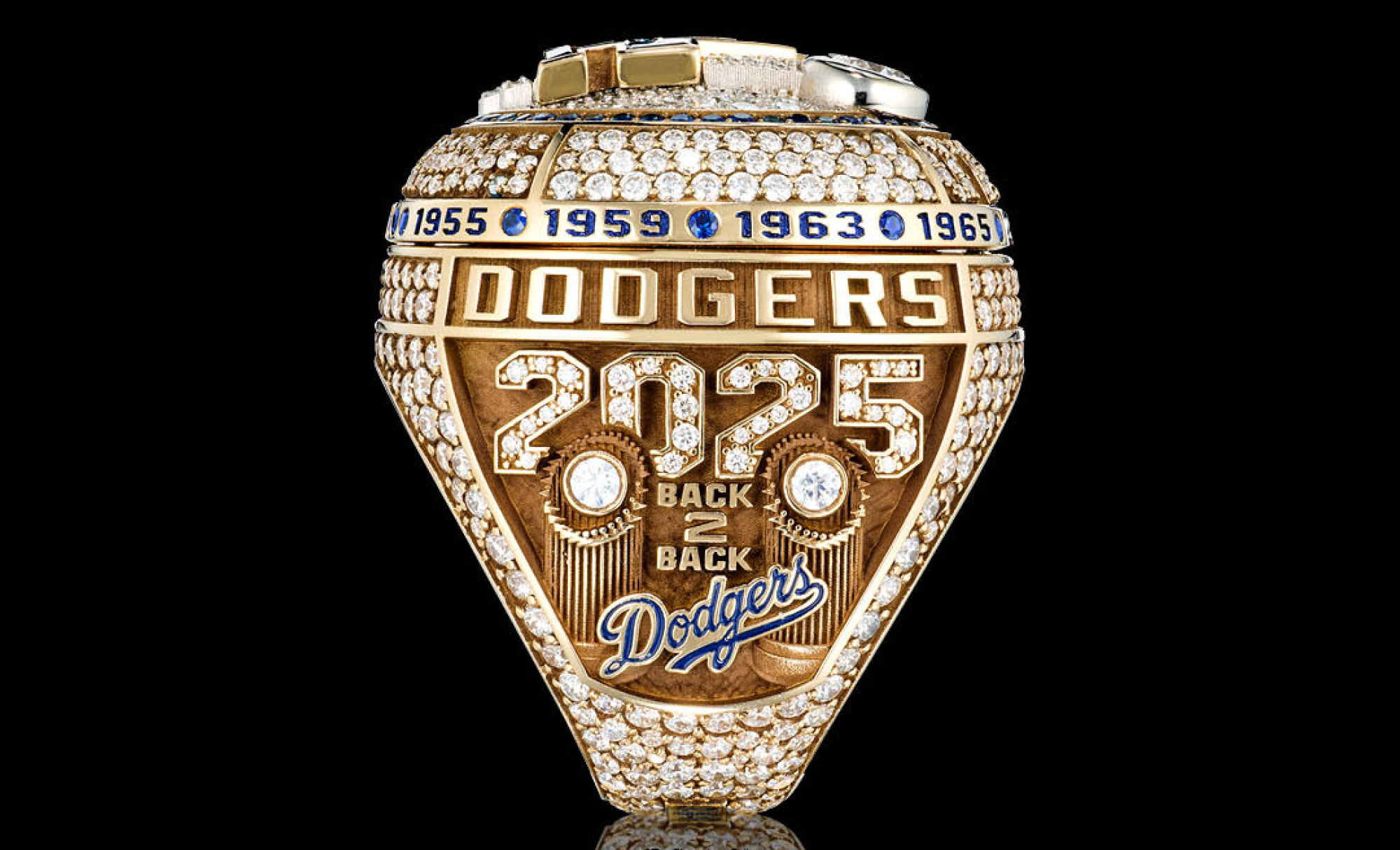 A detailed look at the side of the Dodgers' 2025 World Series championship ring.