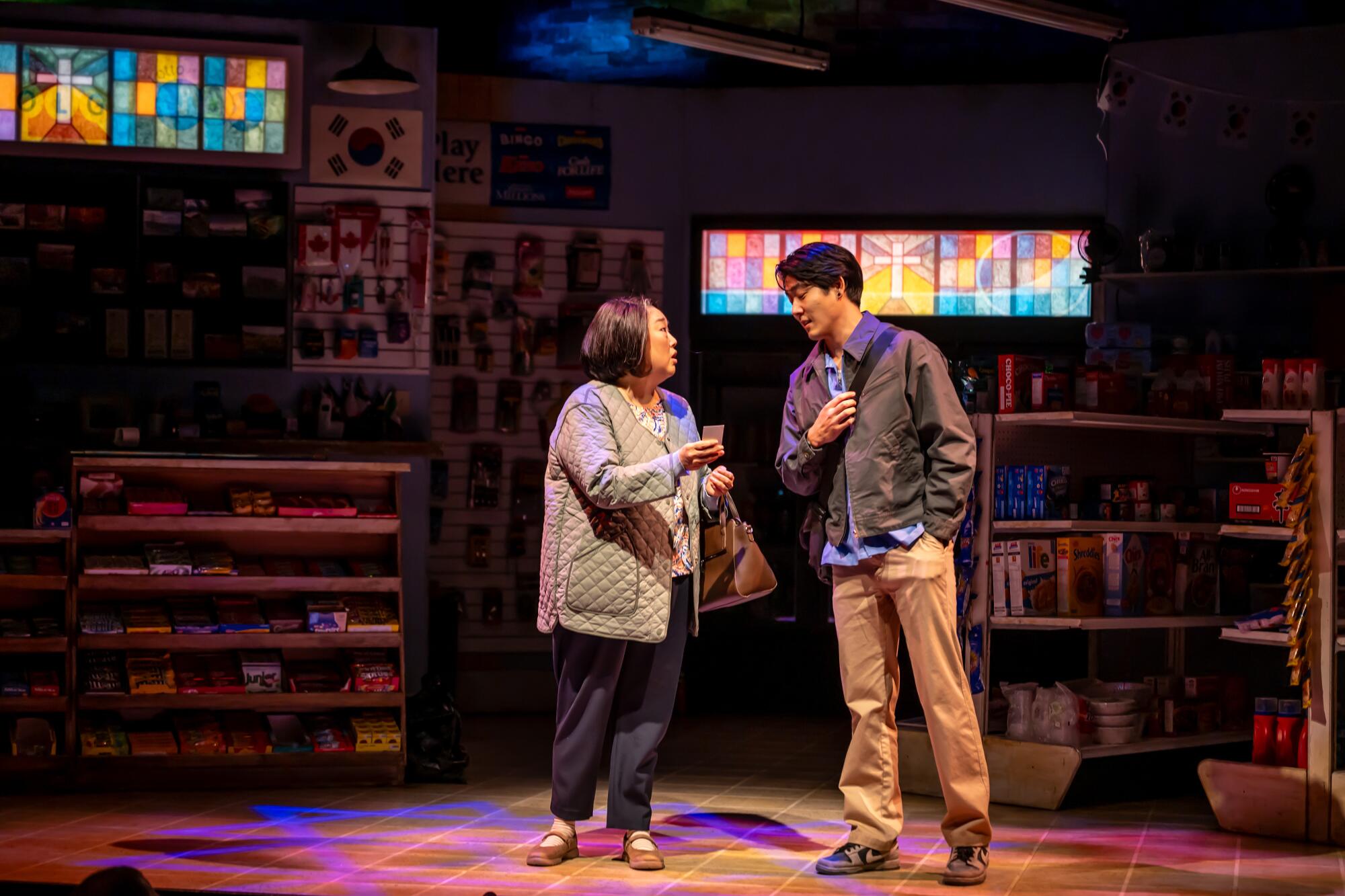 Esther Chung and Ryan Jinn in "Kim's Convenience" at the Ahmanson.
