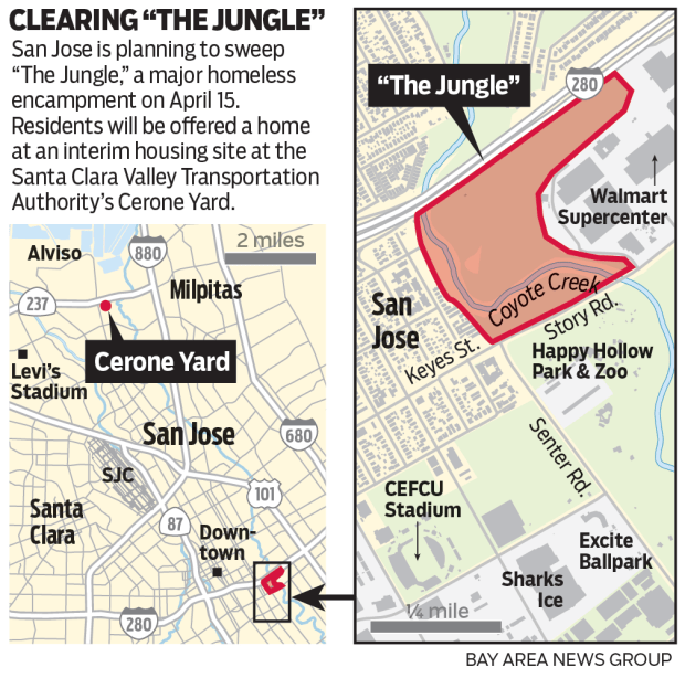 Map of The Jungle homeless encampment