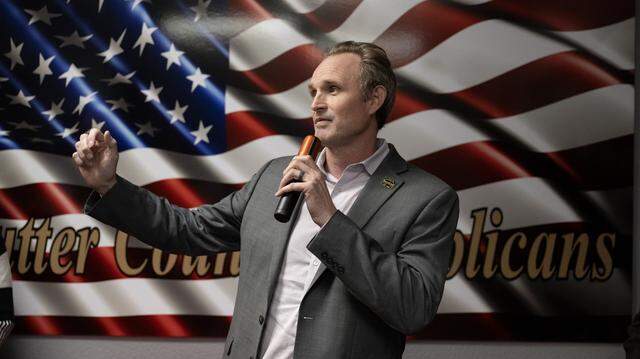 Assemblymember James Gallagher speaks with volunteers and supporters at the opening of the Sutter County GOP headquarters in Yuba City on March 5, 2026.