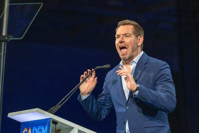 Eric Swalwell, candidate for governor, addresses the crowd on Feb. 21 at the California Democratic Party state convention in San Francisco.