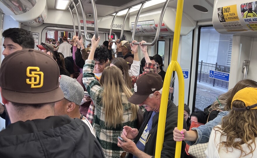 MTS Trolley filled with Padres fans heading to a home game in an undated photo from 2023.