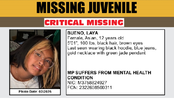 LASD is Asking for the Public's Help Locating Critical Missing Juvenile, Laya Bueno Carson -
